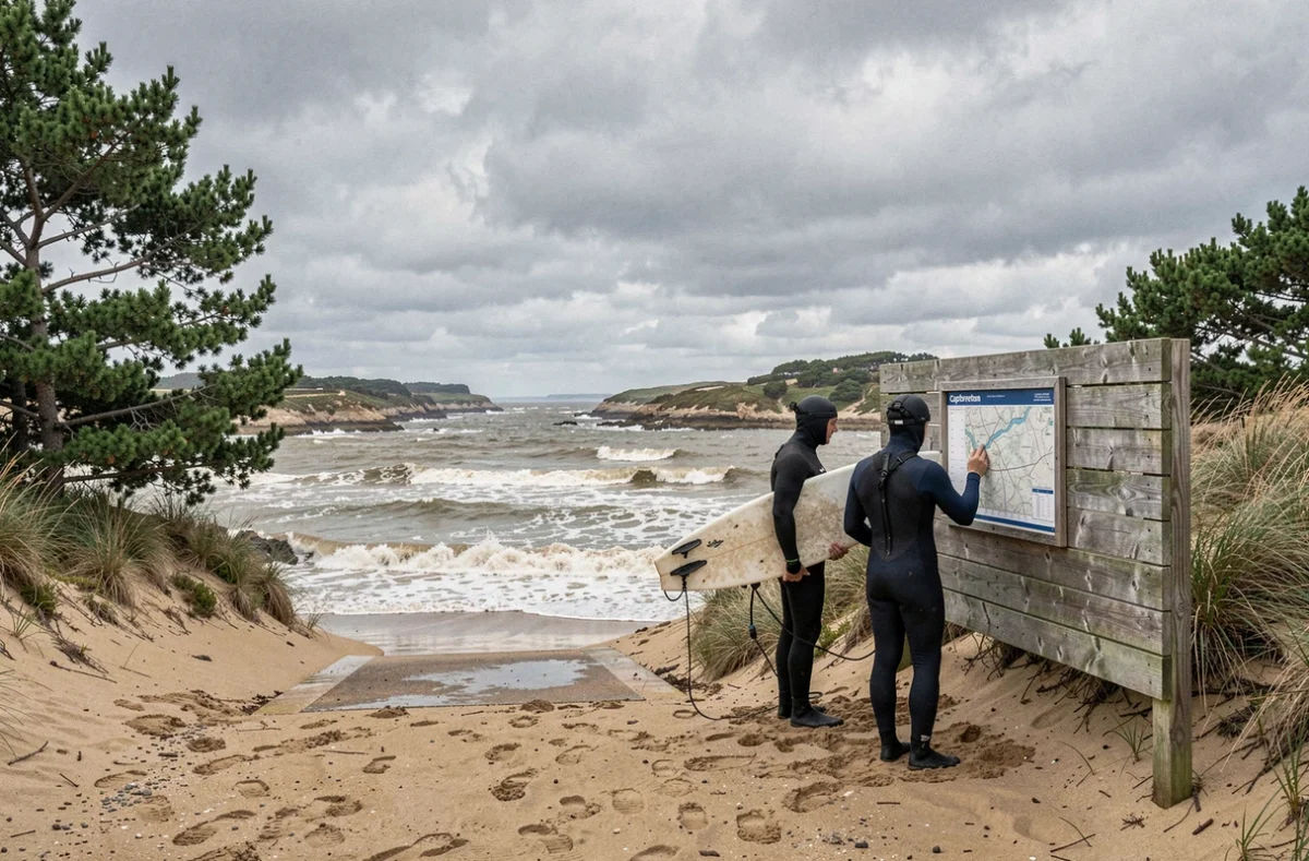 Surfeurs consultant un tableau des marées au chenal de Capbreton avant une mise à l'eau