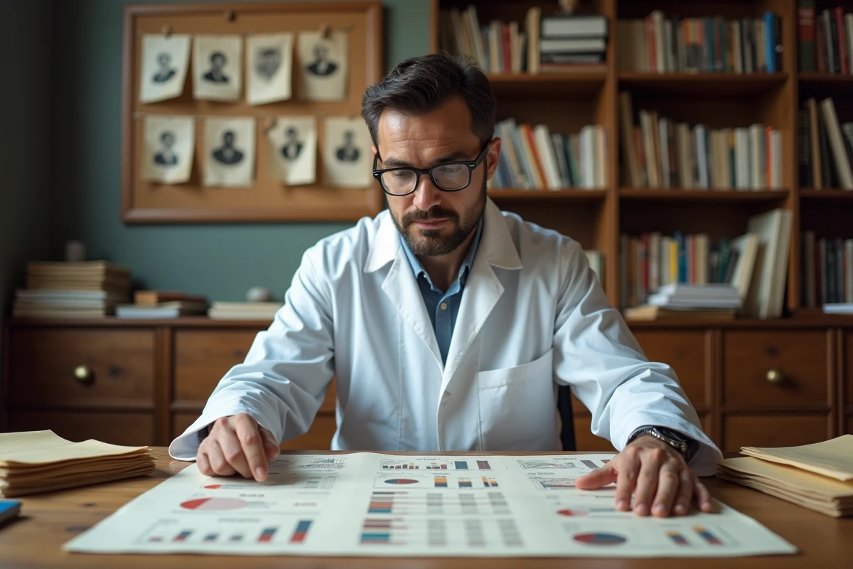 Chercheur universitaire analysant des données historiques sur la taille humaine moyenne dans un bureau académique