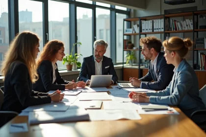 Groupe de chercheurs en discussion dans un bureau moderne