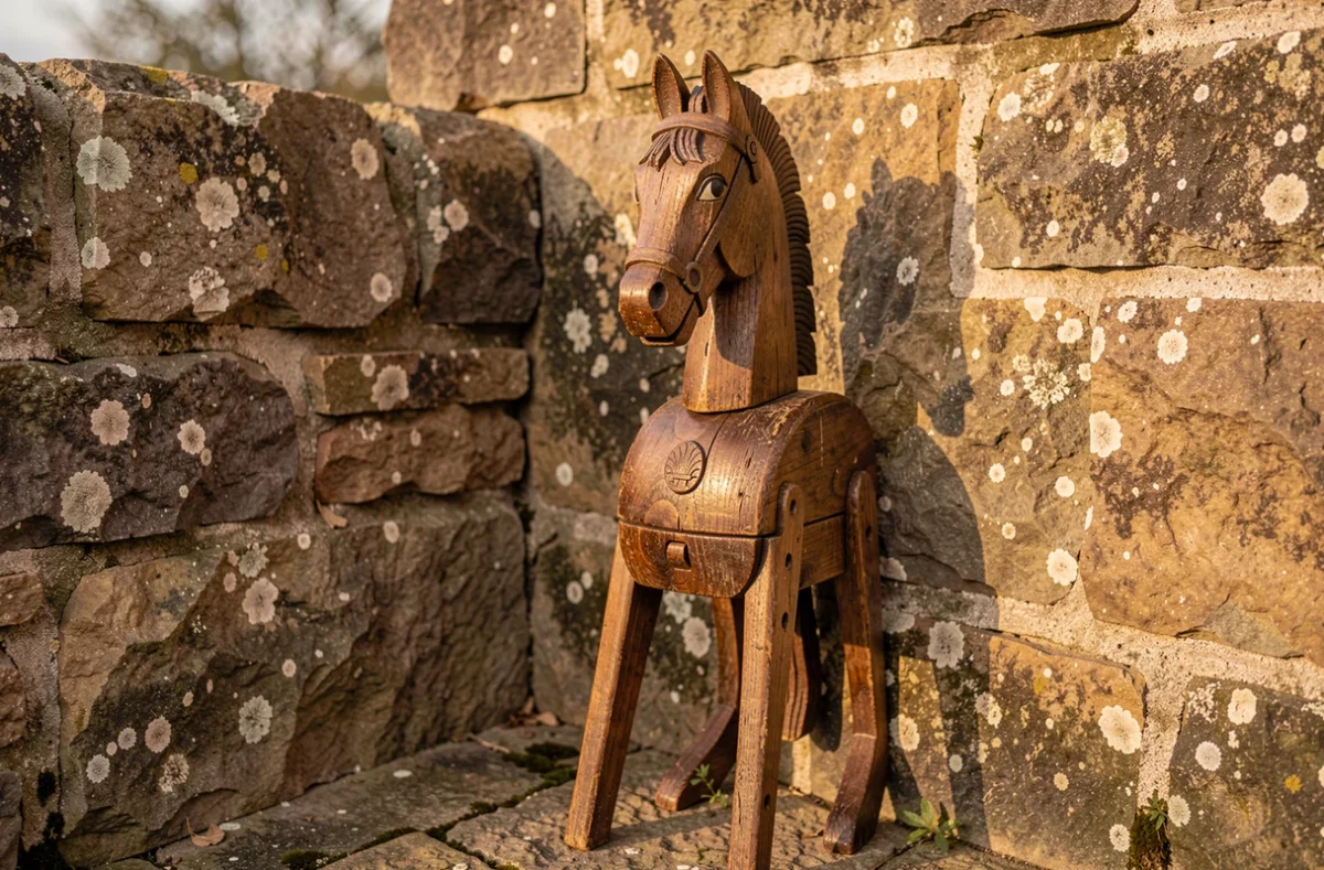 Cheval de bois d'enfant ancien appuyé contre un mur