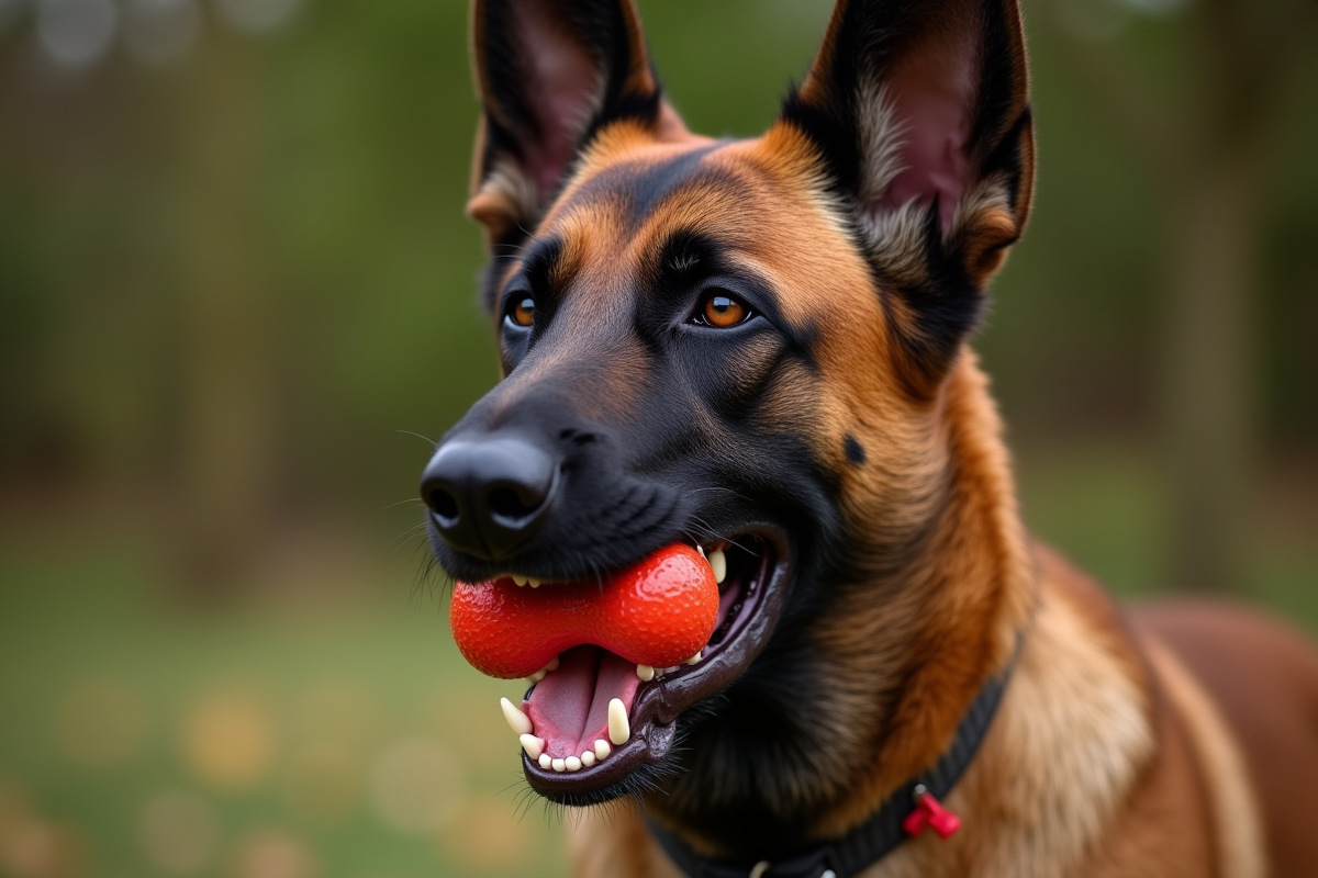 Malinois mordant doucement un jouet d