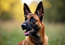 Chien Belgian Malinois assis calmement en lumière naturelle