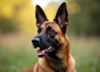 Chien Belgian Malinois assis calmement en lumière naturelle