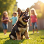 Chiot berger allemand et Newfoundland dans le jardin ensoleille