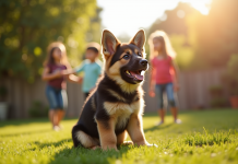 Chiot berger allemand et Newfoundland dans le jardin ensoleille