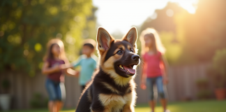 Chiot berger allemand et Newfoundland dans le jardin ensoleille