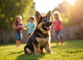Chiot berger allemand et Newfoundland dans le jardin ensoleille