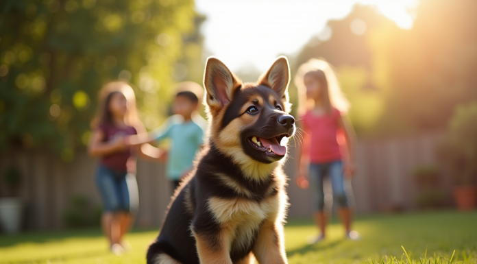 Chiot berger allemand et Newfoundland dans le jardin ensoleille
