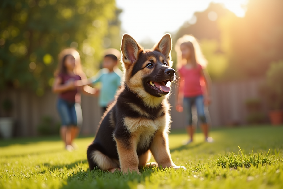 Chiot berger allemand et Newfoundland dans le jardin ensoleille