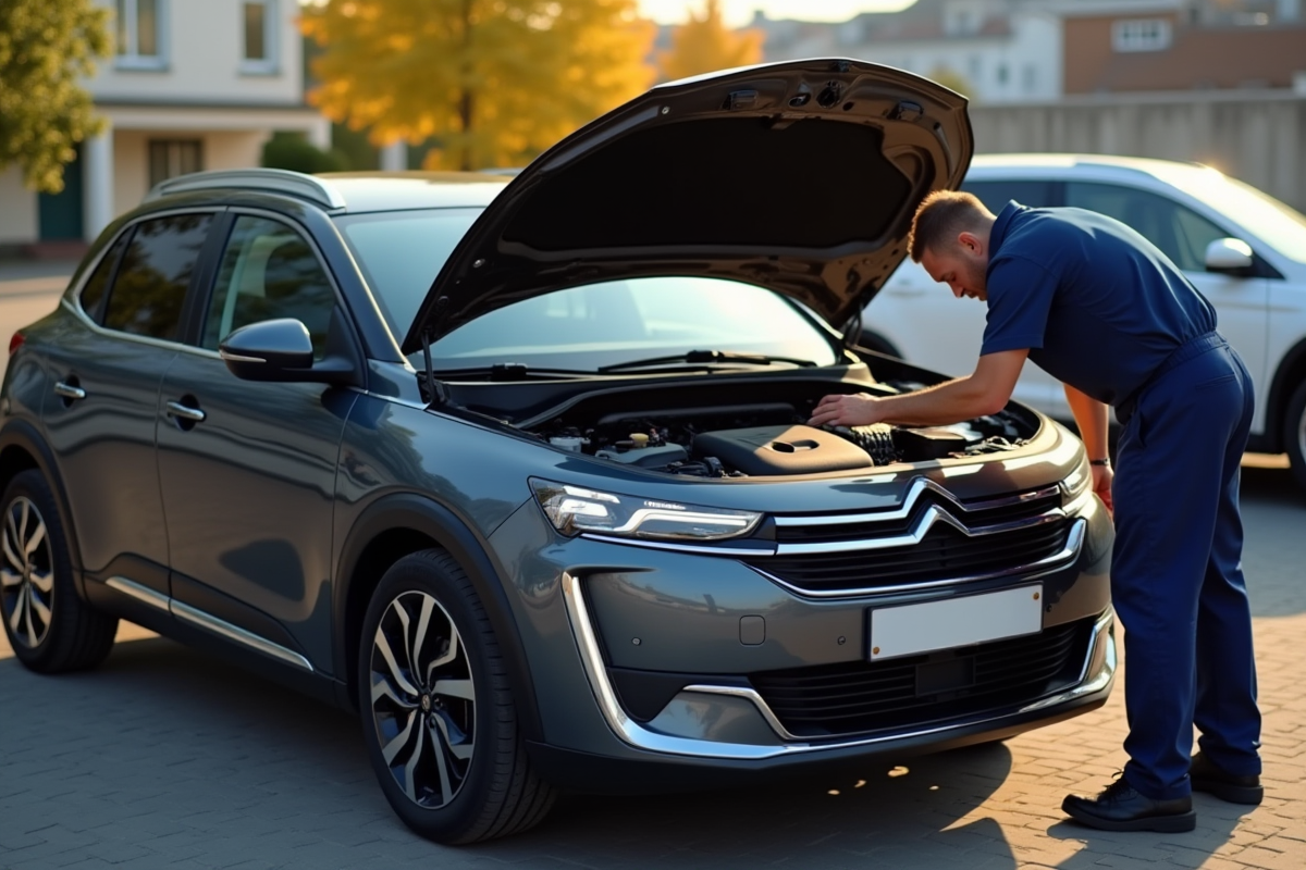 Voiture Citroen avec moteur ouvert en extérieur