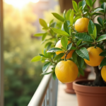Citronnier en pot vert sur balcon ensoleille avec citrons mûrs