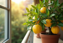 Citronnier en pot vert sur balcon ensoleille avec citrons mûrs