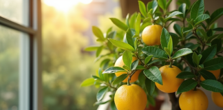 Citronnier en pot vert sur balcon ensoleille avec citrons mûrs
