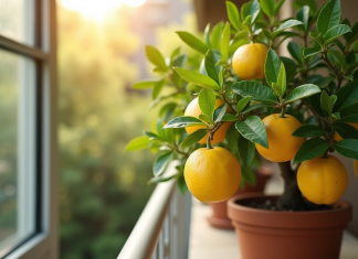 Soin du citronnier en pot : comment lutter contre les maladies courantes ? Citronnier en pot vert sur balcon ensoleille avec citrons mûrs