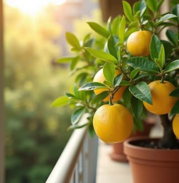Citronnier en pot vert sur balcon ensoleille avec citrons mûrs