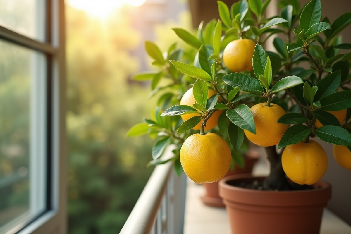 Citronnier en pot vert sur balcon ensoleille avec citrons mûrs