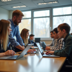 Salle de classe moderne à Grenoble avec enseignants et élèves utilisant des tablettes
