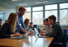 Salle de classe moderne à Grenoble avec enseignants et élèves utilisant des tablettes