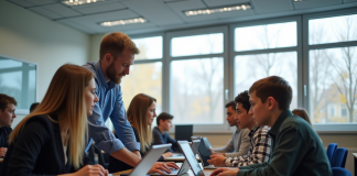 Salle de classe moderne à Grenoble avec enseignants et élèves utilisant des tablettes