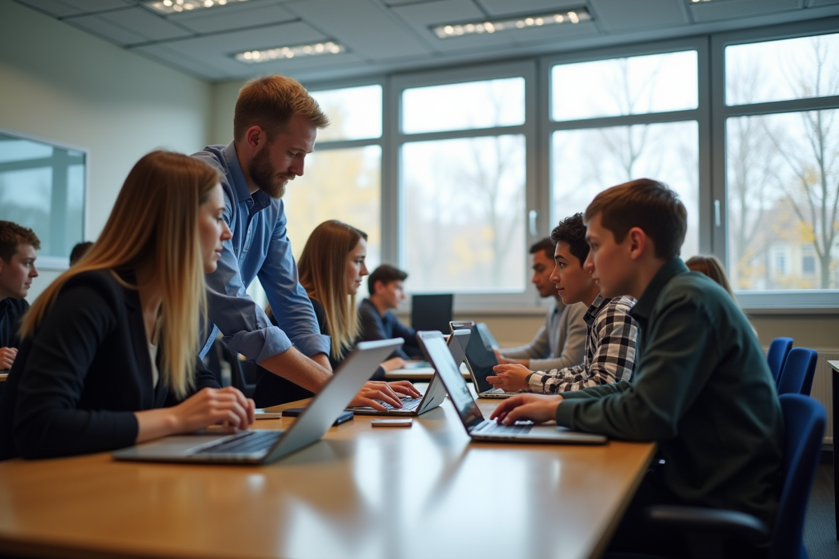 Salle de classe moderne à Grenoble avec enseignants et élèves utilisant des tablettes