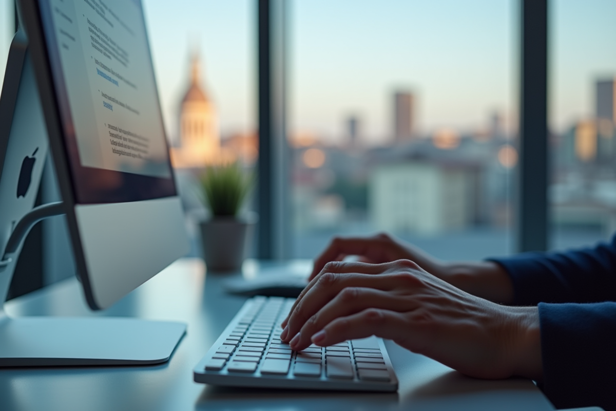Mains tapant sur un clavier avec vue sur Lyon en arrière-plan