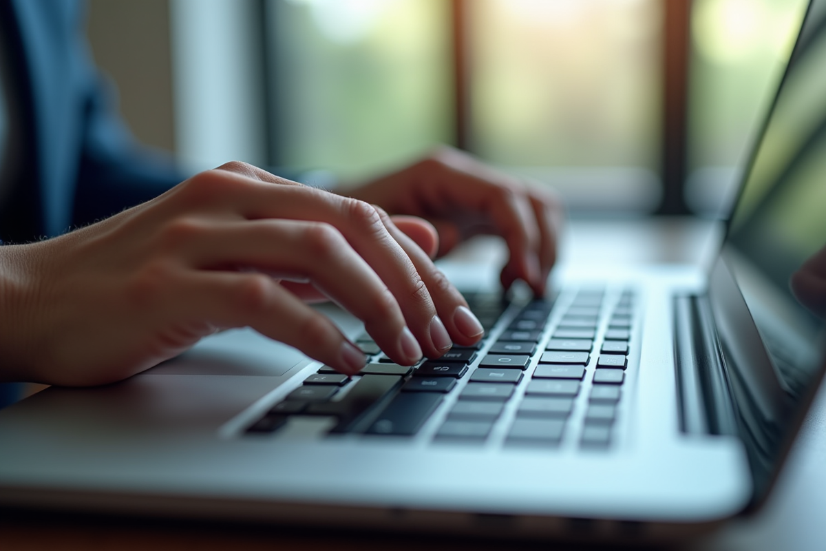 Mains tapant sur un clavier avec interface Outlook visible en arrière-plan
