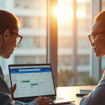 Messagerie de Inrae.fr : tirer parti d’Outlook pour partager, planifier et collaborer en toute sécurité Deux professionnels collaborant sur un bureau lumineux avec calendrier Outlook