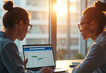 Deux professionnels collaborant sur un bureau lumineux avec calendrier Outlook