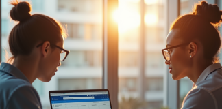 Messagerie de Inrae.fr : tirer parti d’Outlook pour partager, planifier et collaborer en toute sécurité Deux professionnels collaborant sur un bureau lumineux avec calendrier Outlook