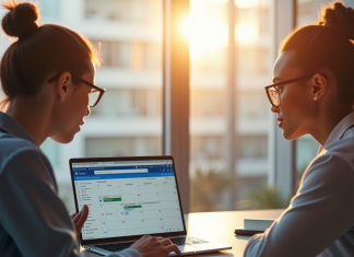 Deux professionnels collaborant sur un bureau lumineux avec calendrier Outlook
