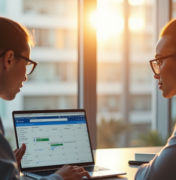 Deux professionnels collaborant sur un bureau lumineux avec calendrier Outlook