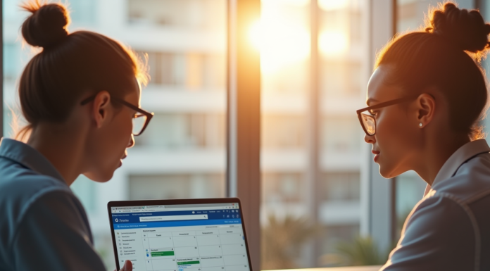 Messagerie de Inrae.fr : tirer parti d’Outlook pour partager, planifier et collaborer en toute sécurité Deux professionnels collaborant sur un bureau lumineux avec calendrier Outlook