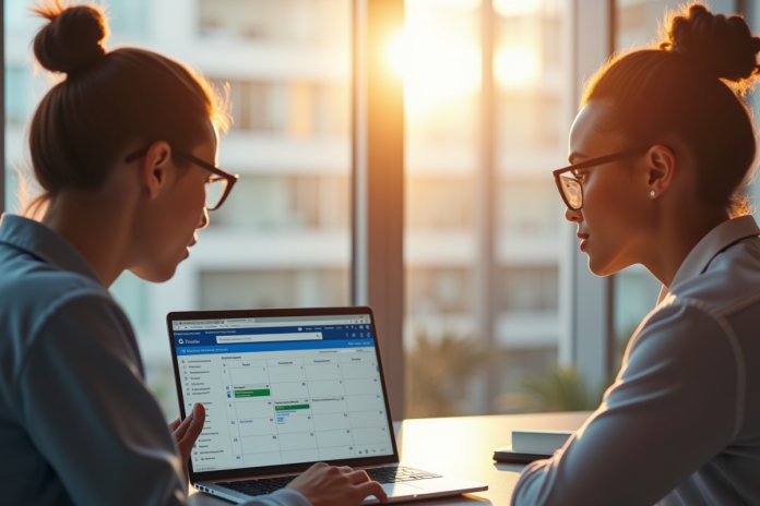 collaboration-bureautique-outlook Deux professionnels collaborant sur un bureau lumineux avec calendrier Outlook