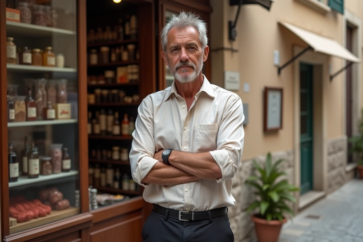 Commerçant corse devant son épicerie traditionnelle en pierre dans un village de l'île de Beauté