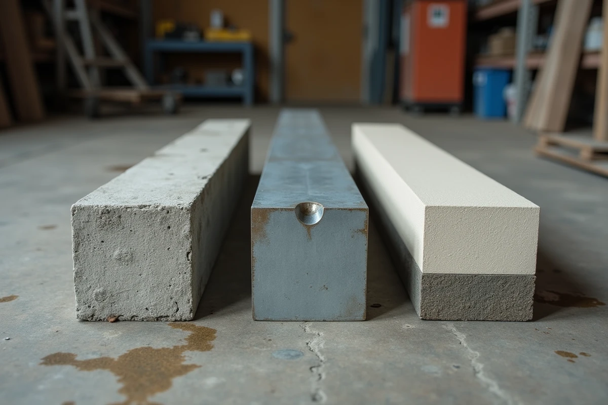 Comparaison de matériaux de fondation béton métal et franchassis hybride posés sur le sol d'un atelier industriel