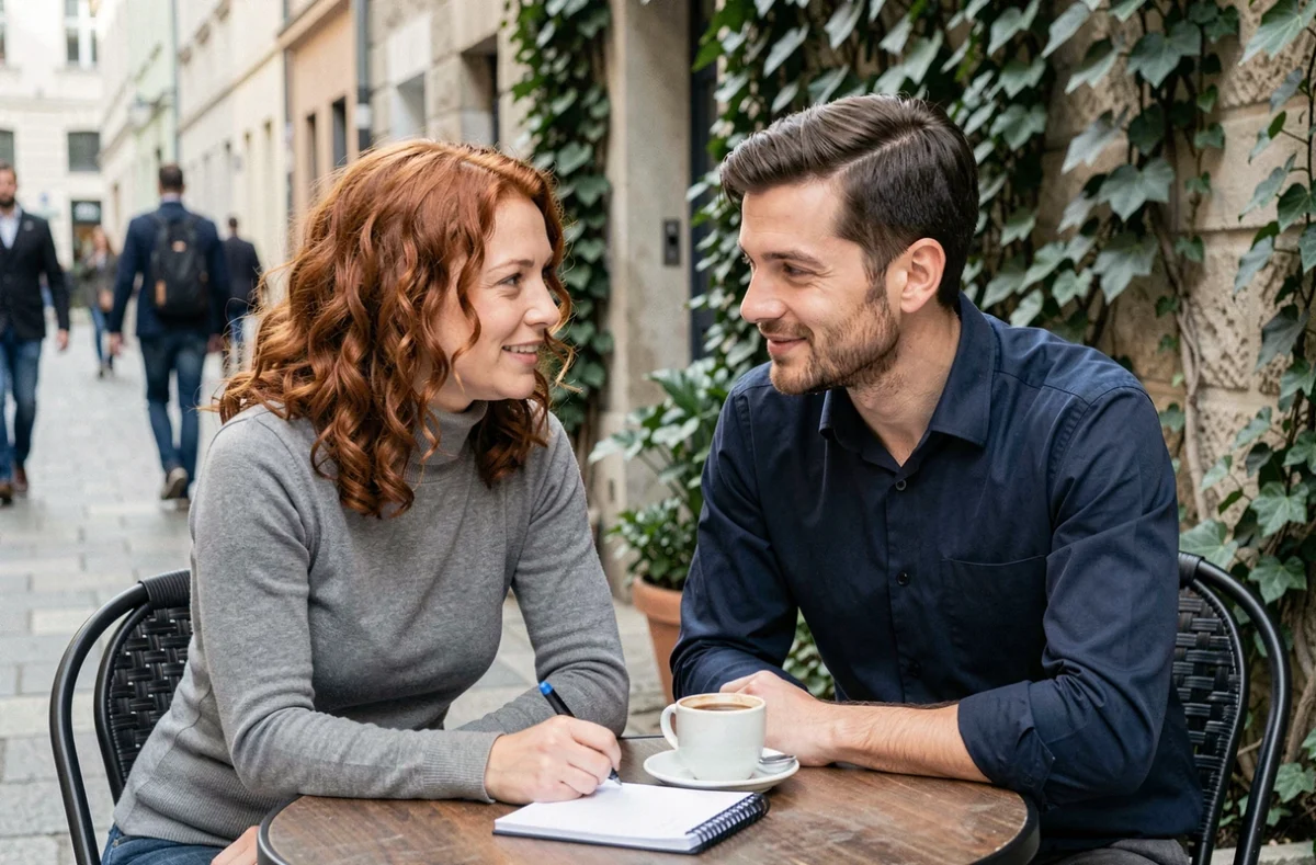 Couple en conversation complice en terrasse, représentant la compatibilité amoureuse avec l'homme Vierge