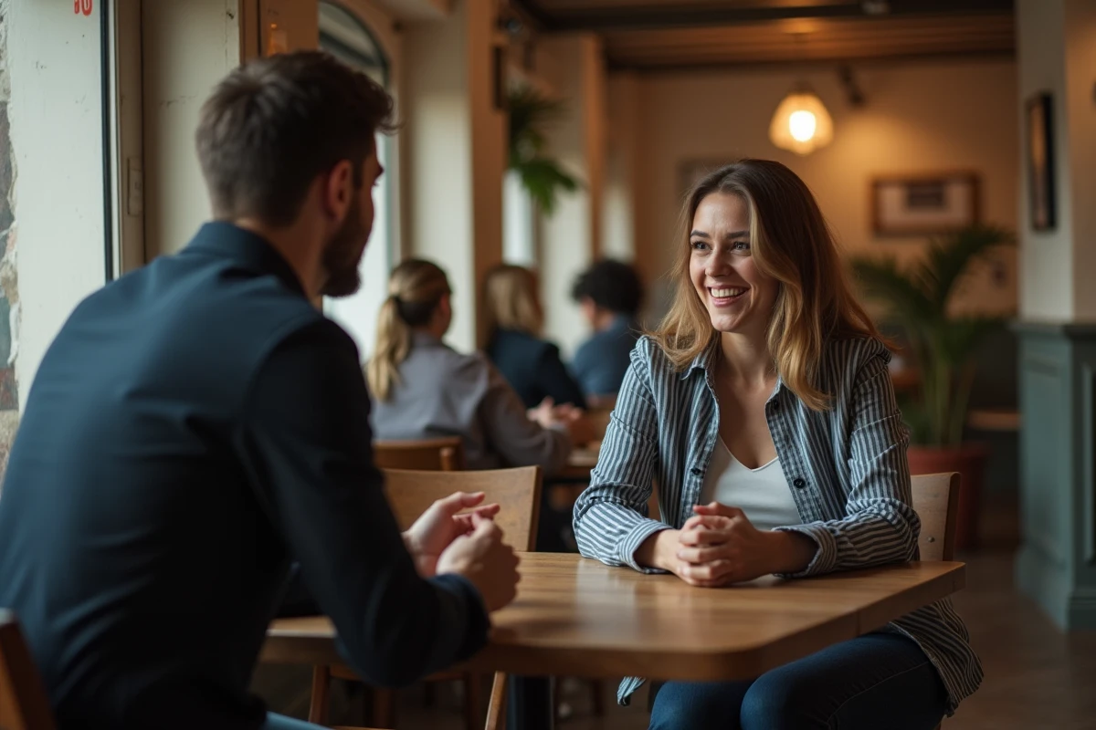 Couple en conversation dans un café illustrant la limite entre charme et attitude goujat