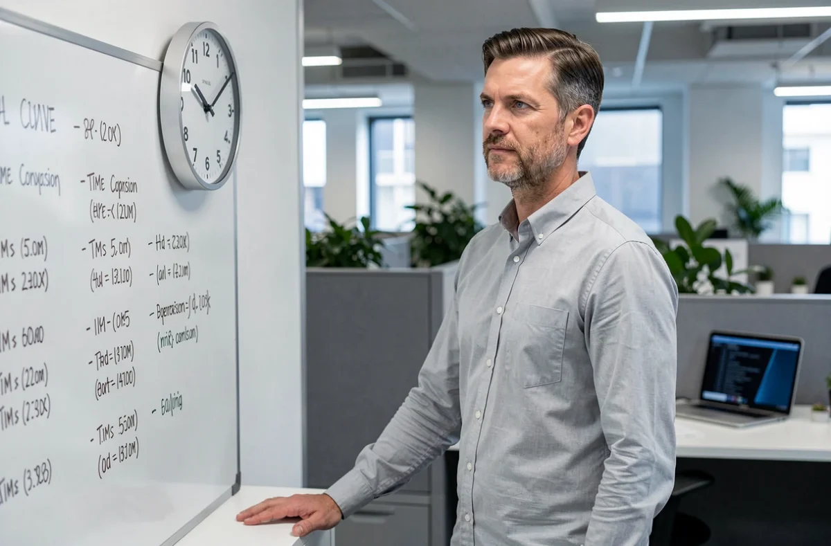 Homme en bureau observant une horloge murale avec des notes de conversion de temps en minutes écrites sur un tableau blanc