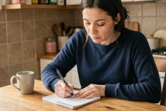 Femme calculant une conversion de temps en heures et minutes sur un carnet, assise dans une cuisine chaleureuse