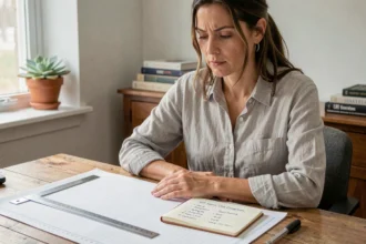 Femme calculant des conversions d'unités d'aire sur du papier quadrillé à son bureau en bois