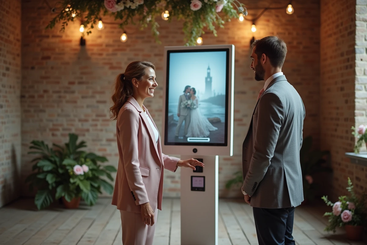 Coordinatrice de mariage présentant une borne Photomaton interactive à des mariés dans une salle de réception au style rustique chic avec briques apparentes et installations florales