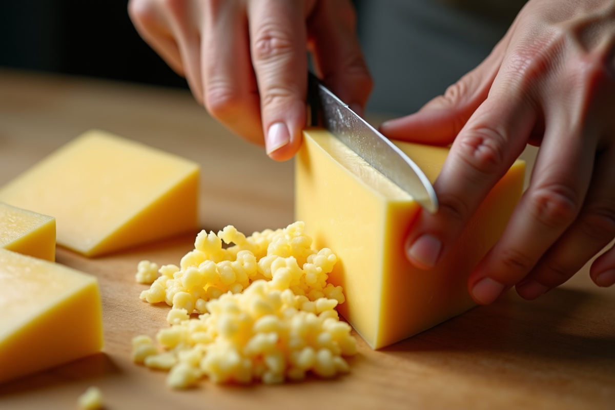 Mains d artisan coupant un morceau de fromage corse en gros plan