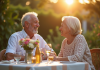Couple âgé souriant dans un jardin en fin d'après-midi