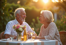 Couple âgé souriant dans un jardin en fin d'après-midi