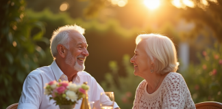 Couple âgé souriant dans un jardin en fin d'après-midi