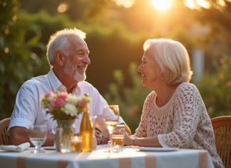 Couple âgé souriant dans un jardin en fin d'après-midi