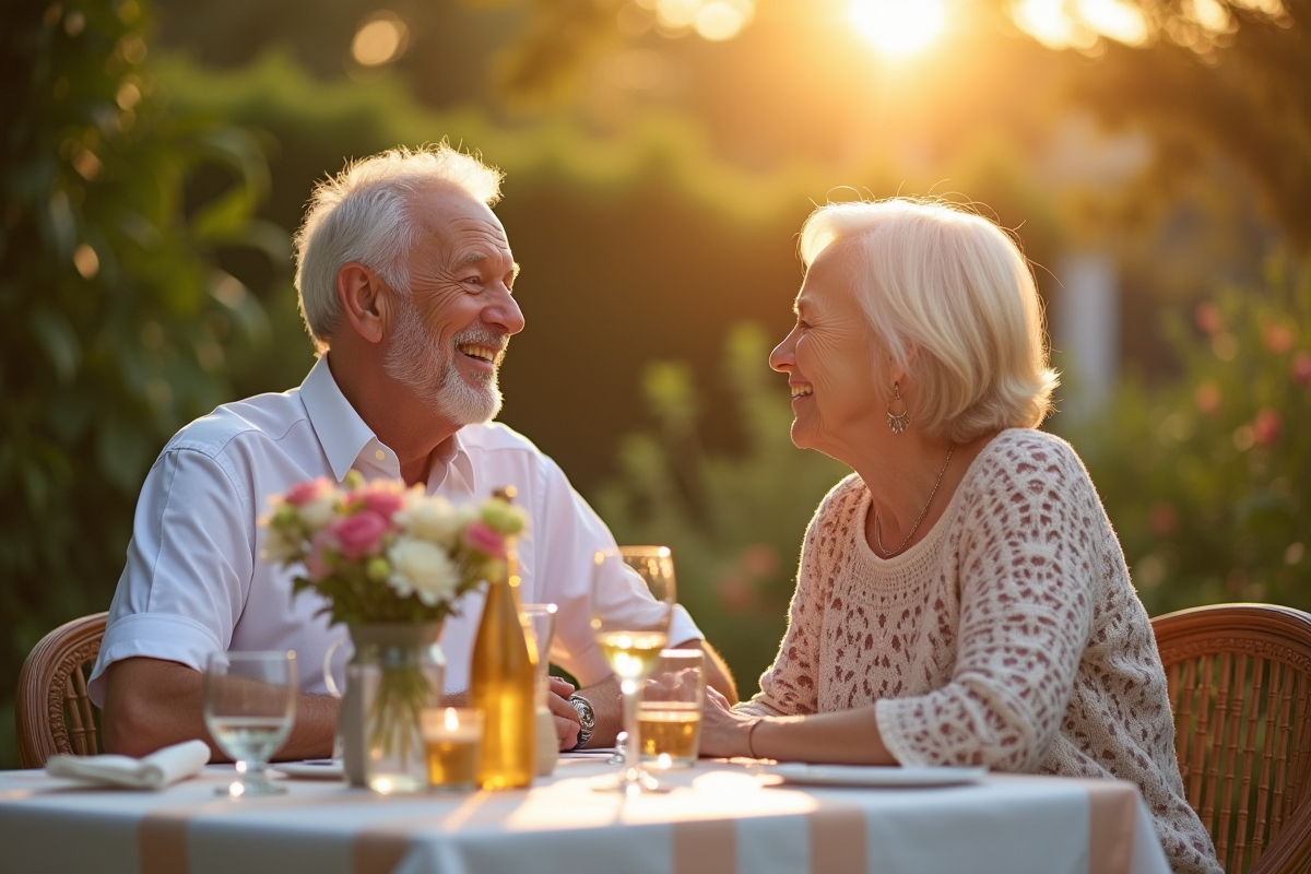 Couple âgé souriant dans un jardin en fin d'après-midi