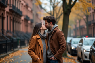 Jeune couple en automne dans la ville avec sourires authentiques