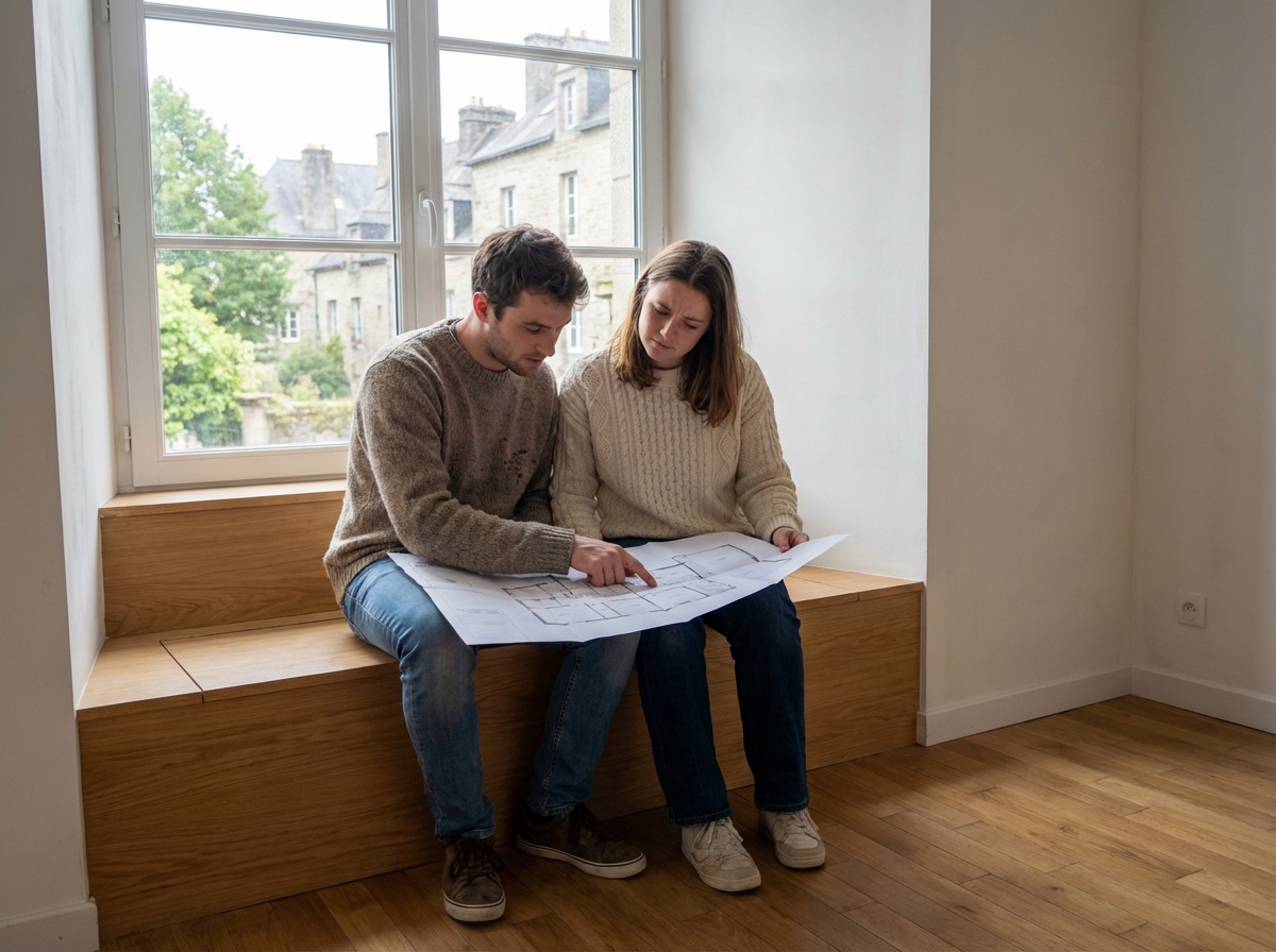 Jeune couple étudiant un plan dans un appartement