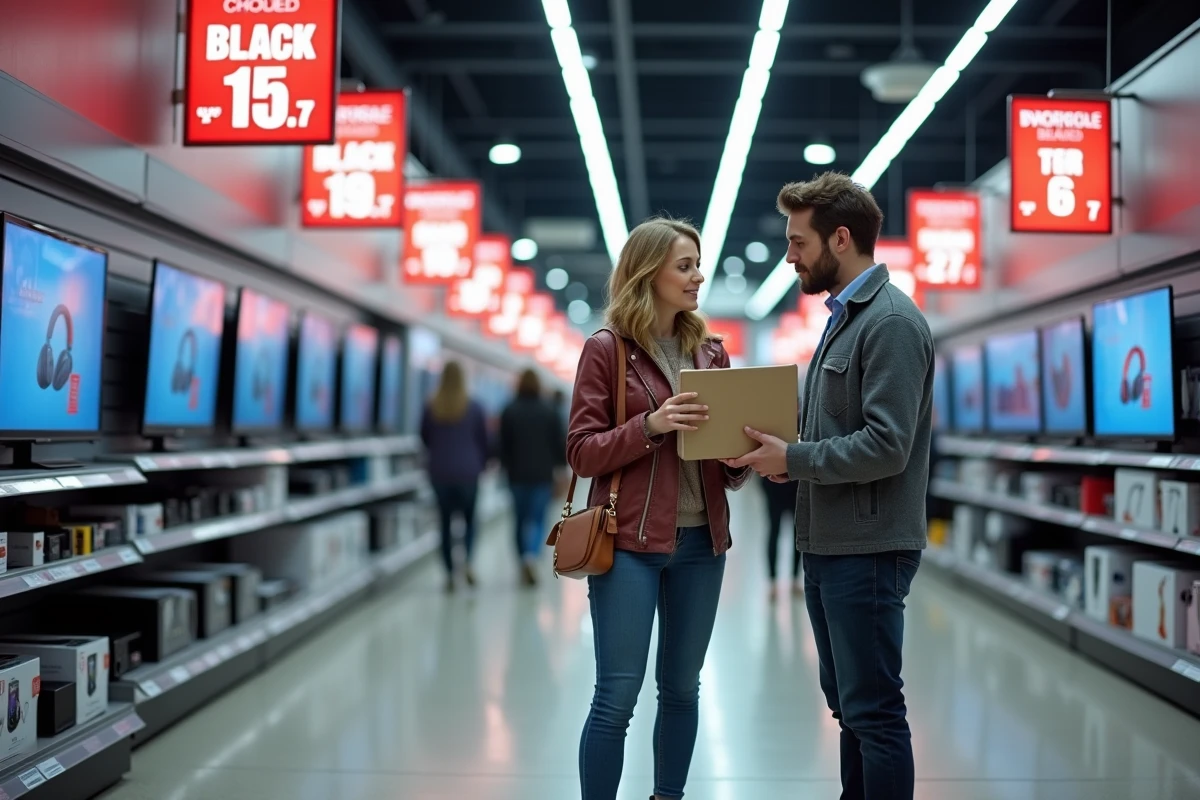 Couple comparant des produits électroniques dans un magasin lors du Black Friday avec des étiquettes de promotion rouge